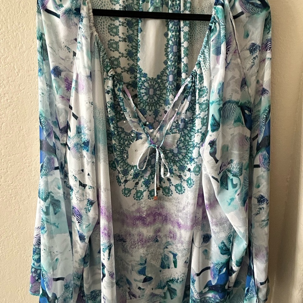 Jennifer Lopez Blue and Purple Embellished 3/4 Sleeve Blouse